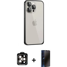 İlk El Grup Ieg™ iPhone 15 Pro Max Eksen Form Serisi - Siyah 3D Antistatik Hayalet Cam Ekran Koruyucu + Turuncu Pvd Metal Kamera Lens