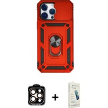 İlk El Grup Ieg™ iPhone 14 Pro Max Ahenk Klasik - Şeffaf Pasifik Cam Ekran Koruyucu + Turuncu Pvd Metal Kamera Lens