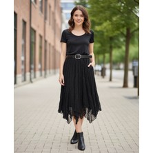 Intive Lingerie Intive Moda Ağır Güpür Dantelli Asimetrik Kesim Astarlı Kemerli Midi Boy Etek-Uzak Şehir