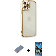 İlk El Grup Ieg™ iPhone 12 Pro Max Çekirdek Klasik Serisi - Siyah 34D Izgaralı Cam + Kırmızı Metal Kamera Lens Koruma Cam