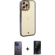 İlk El Grup Ieg™ iPhone 12 Pro Çekirdek Klasik Serisi - Siyah 3D Antistatik Hayalet Cam Ekran Koruyucu + Mavi Neon Fosforlu Kamera Lens