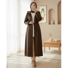 Modamorfo Tünel Bağcıklı Kapşonlu Uzun Deri Kap  -Kahve