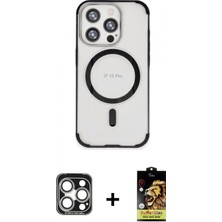 İlk El Grup Ieg™ iPhone 15 Pro Max Eksen Klasik Koleksiyonu - Siyah Buffer Cam Ekran Koruyucu + Gümüş Pvd Metal Kamera Lens