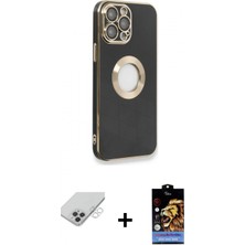 İlk El Grup Ieg™ iPhone 14 Pro Max Iz Form Serisi - Siyah Buffer Hayalet Cam Ekran Koruyucu + Gümüş Band Metal Kamera Lens