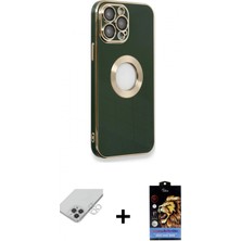 İlk El Grup Ieg™ iPhone 14 Pro Max Iz Form Serisi - Siyah Buffer Hayalet Cam Ekran Koruyucu + Gümüş Band Metal Kamera Lens