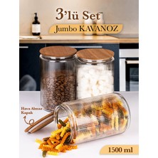 Mafa Home 3'lü Cam Kavanoz Seti – Bambu Vakum Kapak Büyük Boy Çizgili Erzak Un Bakliyat Saklama Kabı 3X1500ML