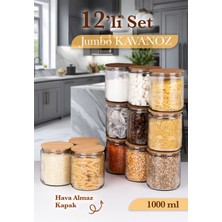 Mafa Home 12'li Etiketli Cam Kavanoz Seti – Bambu Vakum Kapaklı Çizgili Erzak Bakliyat Saklama Kabı 12X1000 ml