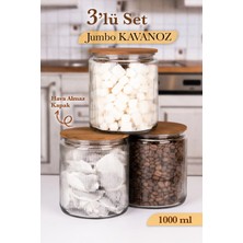Mafa Home 3'lü Etiketli Cam Kavanoz Seti – Bambu Vakum Kapaklı Çizgili Erzak Bakliyat Saklama Kabı 3X1000ML