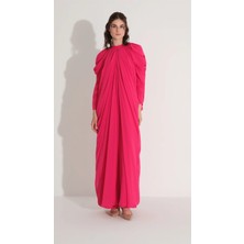 Miha Kol ve Etek Kenarı Büzgü Detaylı Elbise Fuşya