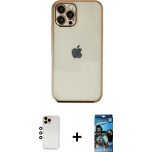 İlk El Grup Ieg™ iPhone 12 Pro Max Vadi Minimal - Siyah 34D Izgaralı Cam + Gold Shine Kamera Lens