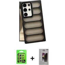 İlk El Grup Ieg™ Galaxy S24 Ultra Yadigar Doku Özel Seri - Siyah Bilvis Hayalet Cam Ekran Koruyucu + Gümüş Raze Metal Kamera Lens