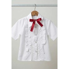 Zubi Baby & Kids Wear Kız Çocuk Önü Fırfırlı ve Dantelli Beyaz Gömlek - Kırmızı Fiyonk Aksesuarlı (5-14 Yaş)