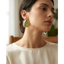 Yeşil Taşlı Asimetrik Modern Küpe