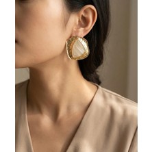 Krem Taşlı Asimetrik Modern Küpe