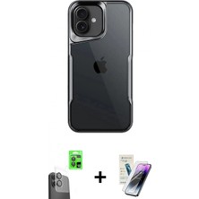 İlk El Grup Ieg™ iPhone 16 Akış Çizgi Koleksiyonu - Şeffaf Pasifik Cam Ekran Koruyucu + Siyah Raze Metal Kamera Lens