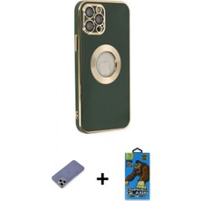 İlk El Grup Ieg™ iPhone 12 Pro Max Iz Form Serisi - Siyah 18D Cam Ekran Koruyucu + Gold Metal Kamera Lens Koruma Cam