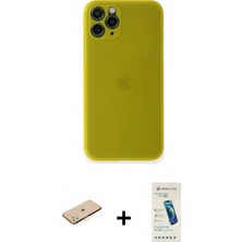İlk El Grup Ieg™ iPhone 11 Pro Max Yadigar Yansıma Serisi - Şeffaf Pasifik Cam Ekran Koruyucu + Sarı Renkli Kamera Lens Koruma Cam