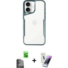 İlk El Grup Ieg™ iPhone 16 Akış Çizgi Koleksiyonu - Şeffaf Pasifik Cam Ekran Koruyucu + Siyah Raze Metal Kamera Lens