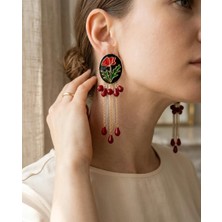 Kırmızı Gelincik Mineli Zincir Sallantılı Küpe