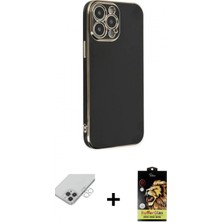 İlk El Grup Ieg™ iPhone 14 Pro Max Yankı Serisi - Siyah Buffer Cam Ekran Koruyucu + Gümüş Band Metal Kamera Lens