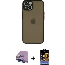 İlk El Grup Ieg™ iPhone 14 Ahenk Çizgi Serisi - Siyah Buffer Hayalet Cam Ekran Koruyucu + Mavi Raze Metal Kamera Lens