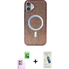 İlk El Grup Ieg™ iPhone 16 Plus Eksen Çizgi - Şeffaf Pasifik Cam Ekran Koruyucu + Pembe Raze Metal Kamera Lens