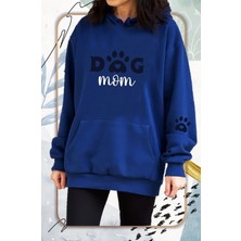 Hediyenza Kadın Lacivert Dog Mom Baskılı Sweatshirt Kapüşonlu Şardonlu Kalın Sweatshirt