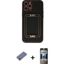 İlk El Grup Ieg™ iPhone 12 Pro Kozmos Minimal Prime - Siyah 34D Hayalet Izgaralı Cam + Gold Metal Kamera Lens Koruma Cam