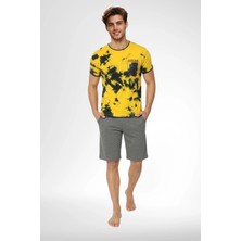 Mecit Pijama Mecit 4001 Sarı Batik Desenli %100 Pamuk Şortlu Erkek Pijama Takımı