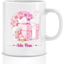 Hediyenza Isme Özel Kişiselleştirilebilir Pembe Güller ve Kahve Baskılı Kupa Bardak