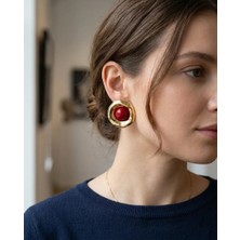 Gold Detaylı Kırmızı Taşlı Vintage Küpe