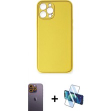 İlk El Grup Ieg™ iPhone 12 Pro Max Yadigar Klasik - Siyah 3D Antistatik Cam Ekran Koruyucu + Sarı Neon Fosforlu Kamera Lens