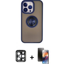 İlk El Grup Ieg™ iPhone 15 Pro Max Yörünge Çizgi - Siyah 3D Antistatik Mat Seramik Nano Ekran Koruyucu + Lacivert Pvd Metal Kamera Lens