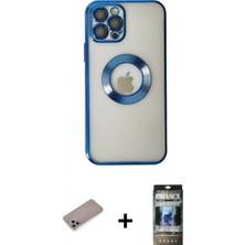 İlk El Grup Ieg™ iPhone 12 Pro Pusula Form - Siyah 34D Hayalet Izgaralı Cam + Sierra Blue Shine Kamera Lens Koruma Cam