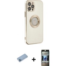 İlk El Grup Ieg™ iPhone 12 Pro Iz Form Serisi - Siyah 34D Hayalet Izgaralı Cam + Mavi Shine Kamera Lens Koruma Cam