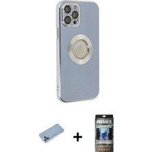 İlk El Grup Ieg™ iPhone 12 Pro Iz Form Serisi - Siyah 34D Hayalet Izgaralı Cam + Mavi Shine Kamera Lens Koruma Cam