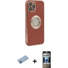 İlk El Grup Ieg™ iPhone 12 Pro Iz Form Serisi - Siyah 34D Hayalet Izgaralı Cam + Mavi Shine Kamera Lens Koruma Cam
