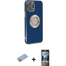 İlk El Grup Ieg™ iPhone 12 Pro Iz Form Serisi - Siyah 34D Hayalet Izgaralı Cam + Mavi Shine Kamera Lens Koruma Cam