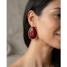 Gold Altın Çerçeveli Oval Bordo Küpe