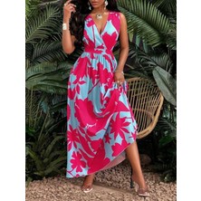 Arben Boutique Kadın Askılı Kruvaze Yakalı Çiçek Desenli Uzun Süprem Elbise