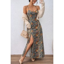 Arben Boutique Kadın Ip Askılı Arkadan Çapraz Kesim Detaylı Uzun Desenli Süprem Elbise