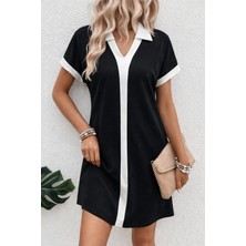 Sidelya Concept Kadın Kısa Kollu V Yakalı Onden Şerit Detaylı Yakalı Kısa Janjan Krep Elbise