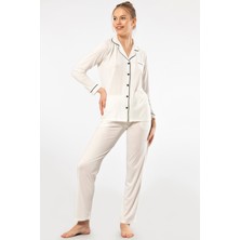Türen Kadin Düz Uzun Kollu Gömlek Yaka Pijama Takimi 3365/EKRU