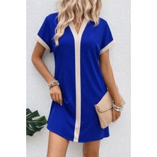 Arben Boutique Kadın Kısa Kollu V Yakalı Onden Şerit Detaylı Yakalı Kısa Janjan Krep Elbise
