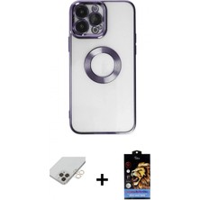 İlk El Grup Ieg™ iPhone 14 Pro Max Pusula Form - Siyah Buffer Hayalet Cam Ekran Koruyucu + Gold Band Metal Kamera Lens
