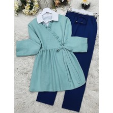 Modamorfo Yandan Çift Bağcıklı Yakası Fırfırlı Keten Kimono -Mint