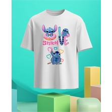 Hediyenza Bisiklet Yaka Pamuklu Stitch Baskılı Kısa Kollu Çocuk ve Genç Tişört