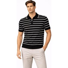 Defy Moda Erkek Triko Polo Yaka Fermuarlı Çizgili Tişört T-Shirt Yazlık Şık - Siyah