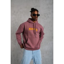 Erkek 3 Iplik Pamuklu Kapüşonlu Baskılı Cepli Oversize Sweatshirt Hoodie - Gül Kurusu