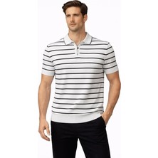 Erkek Triko Polo Yaka Fermuarlı Çizgili Tişört T-Shirt Yazlık Şık - Beyaz